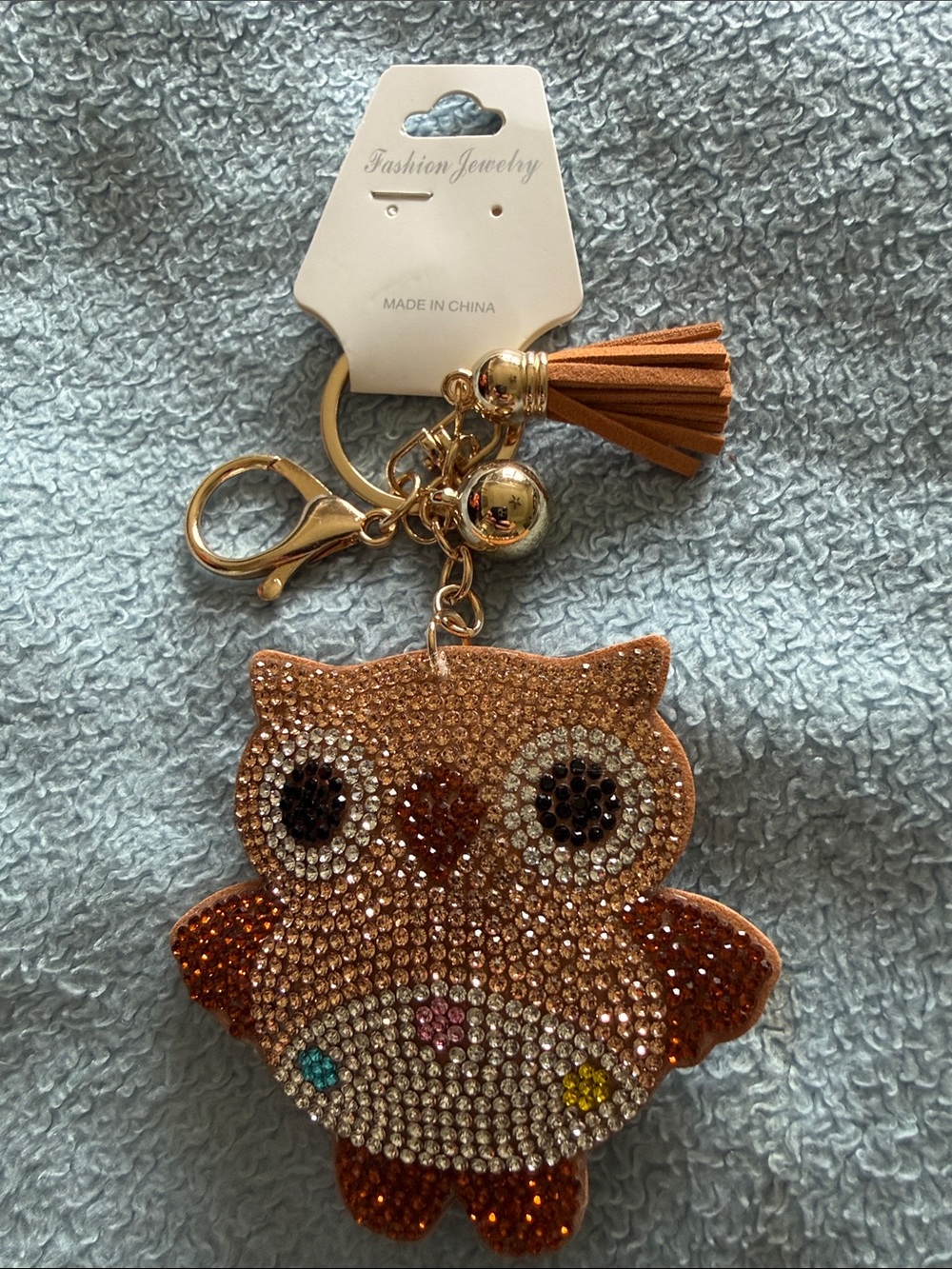 Fashion Jewelry Gold-Tone Brown Crystal Owl Keychain with Tassel Charm